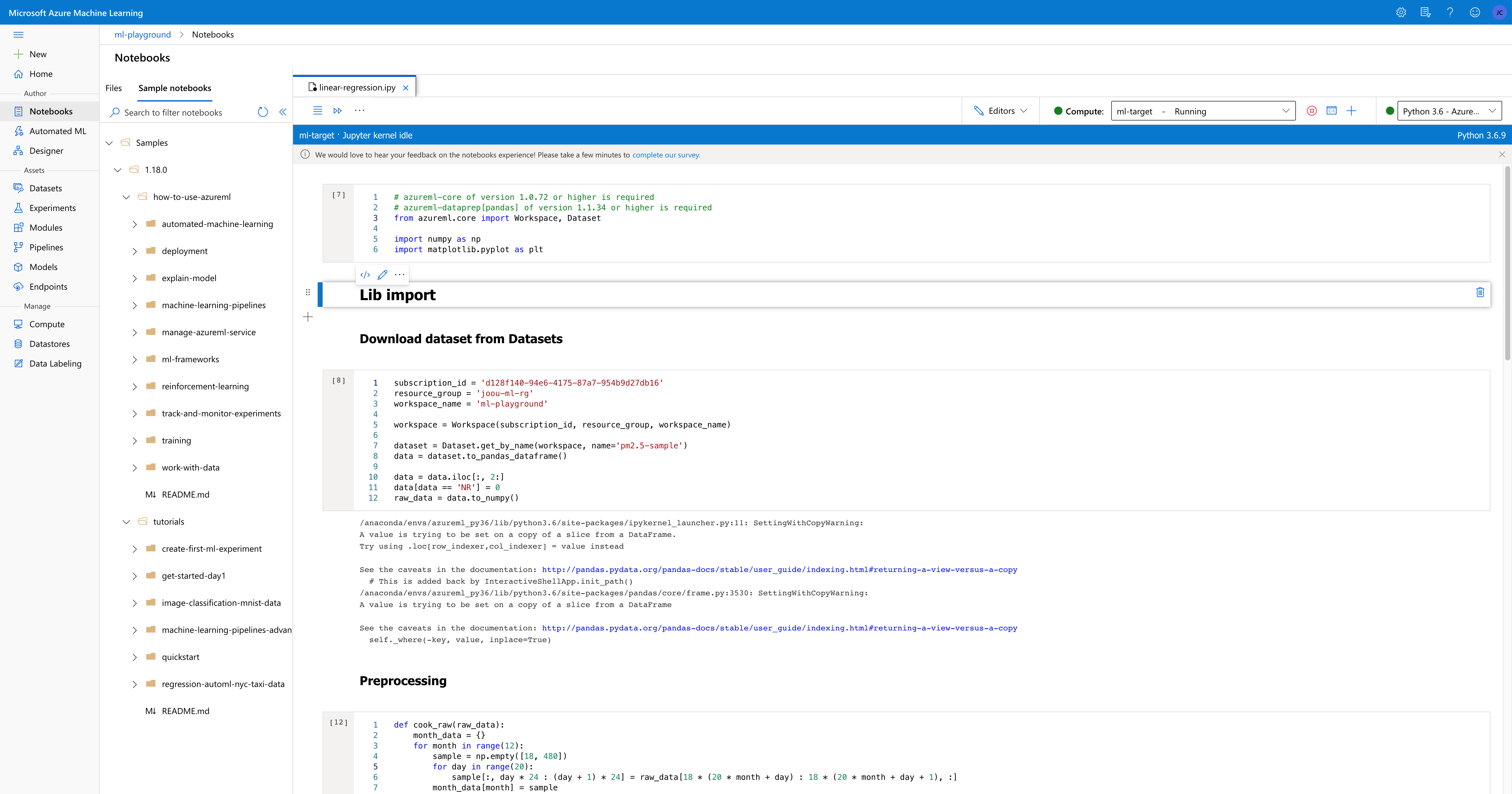 UI of Notebooks of AML Studio