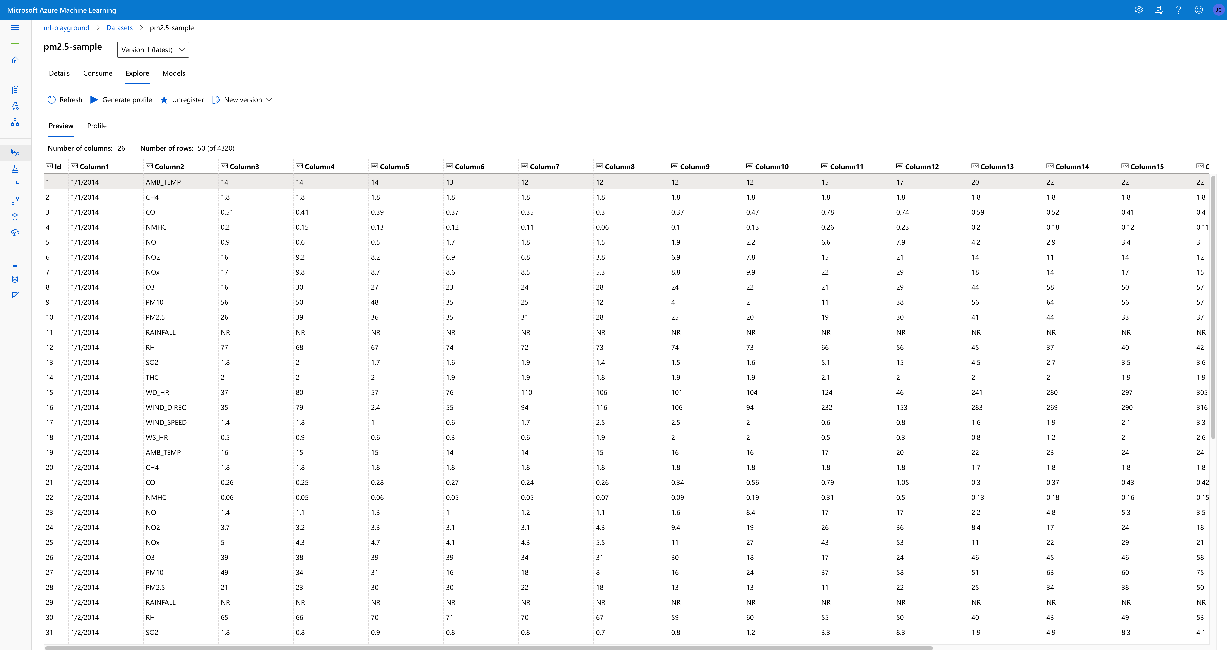 Dataset preview in AML Studio